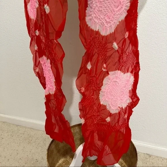 Vintage Rare One of a Kind Sheer Tie Dye Smocked Scarf Wrap Shawl Red Yellow